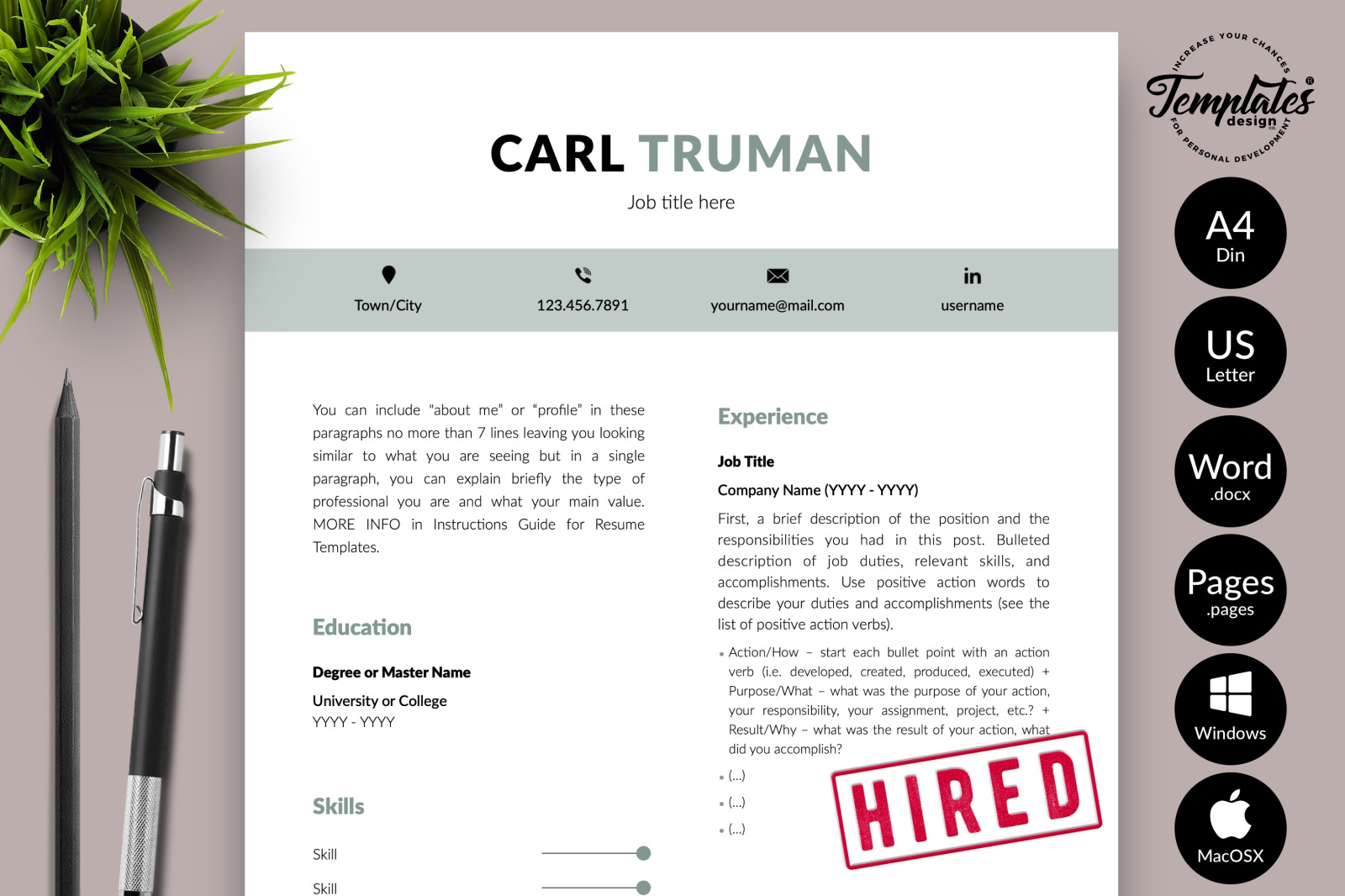 Modern Resume Template for Microsoft Word &amp; Apple Pages // Carl Truman CV Design Template