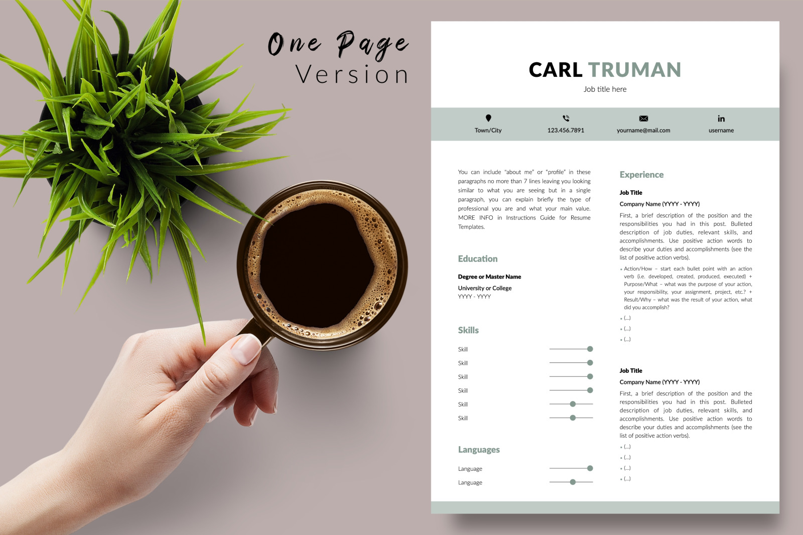 Modern Resume Template for Microsoft Word &amp; Apple Pages // Carl Truman CV Design Template