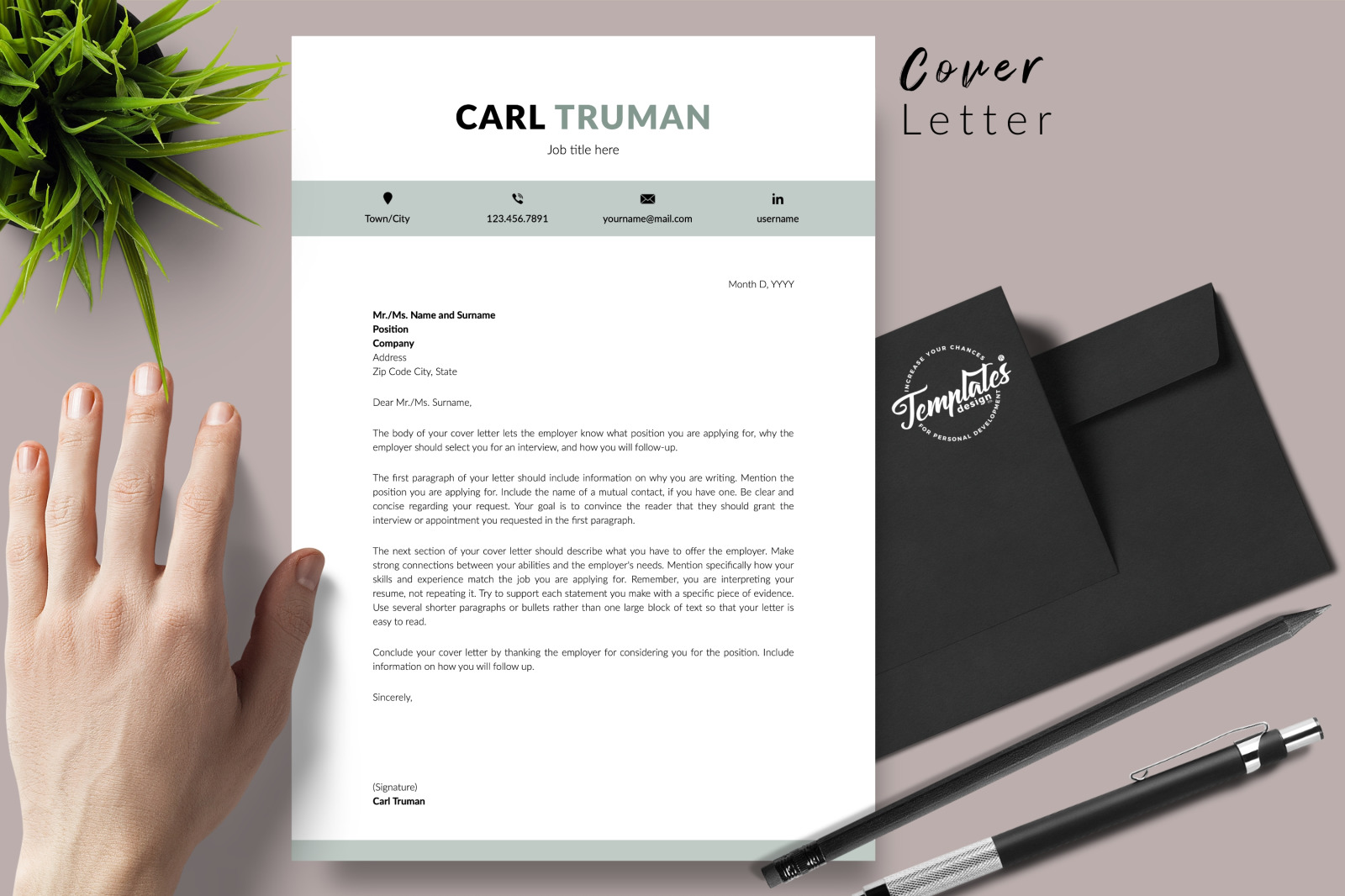 Modern Resume Template for Microsoft Word &amp; Apple Pages // Carl Truman CV Design Template