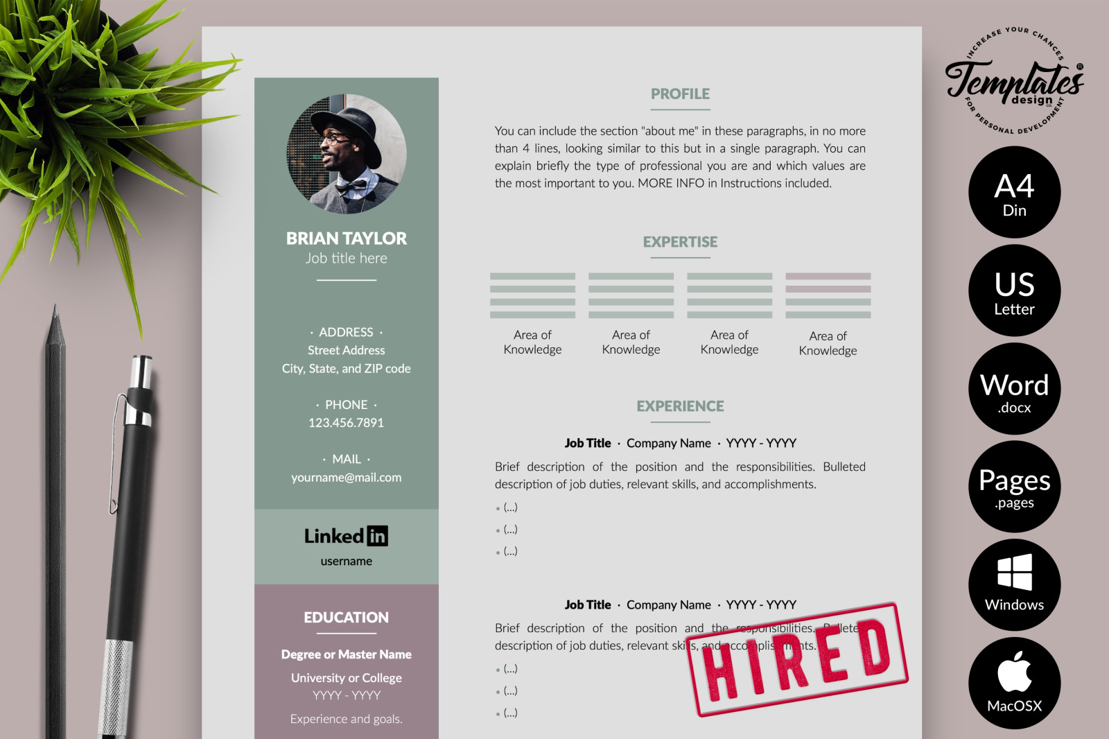 Modern Resume Template for Microsoft Word &amp; Apple Pages // Brian Taylor CV Design Template