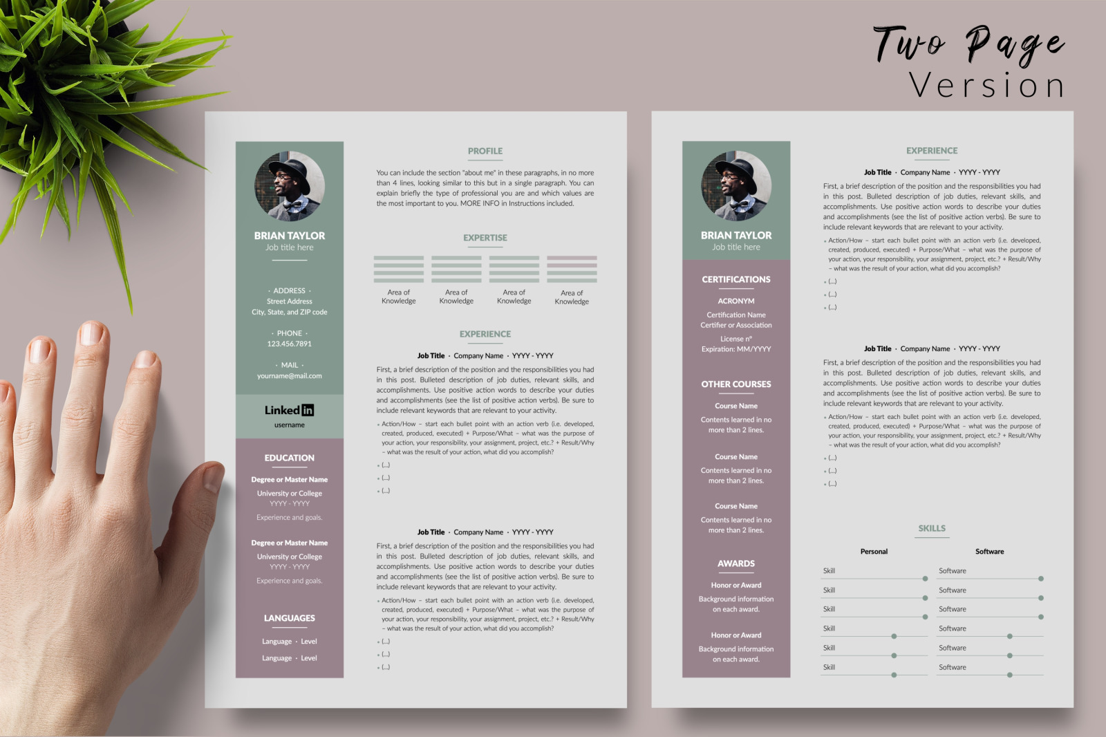 Modern Resume Template for Microsoft Word &amp; Apple Pages // Brian Taylor CV Design Template