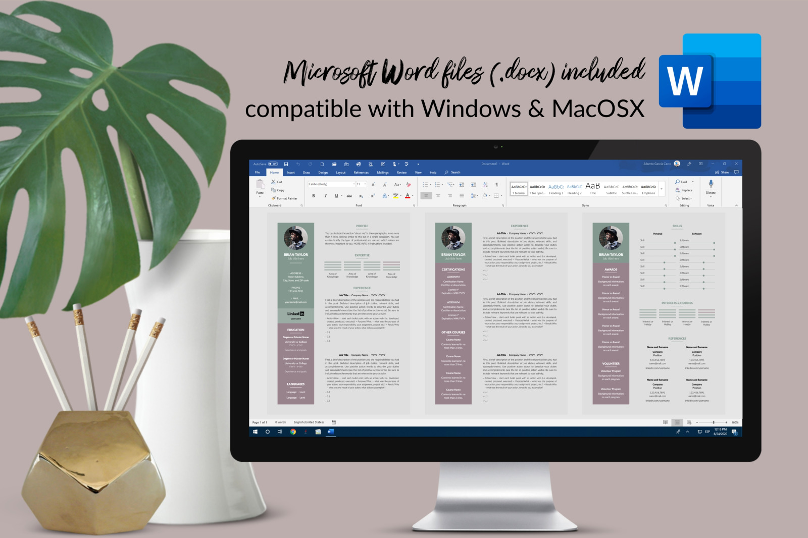 Modern Resume Template for Microsoft Word & Apple Pages // Brian Taylor CV Design Template Modern Resume Template for Microsoft Word & Apple Pages // Brian Taylor CV Design Template