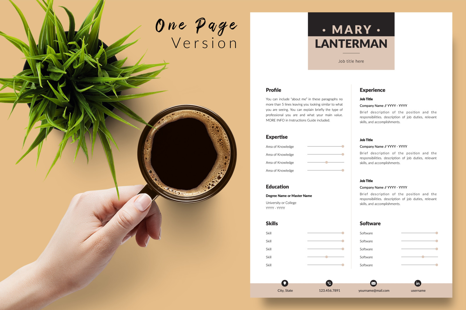 Modern Resume Template for Microsoft Word &amp; Apple Pages // Mary Lanterman CV Design Template