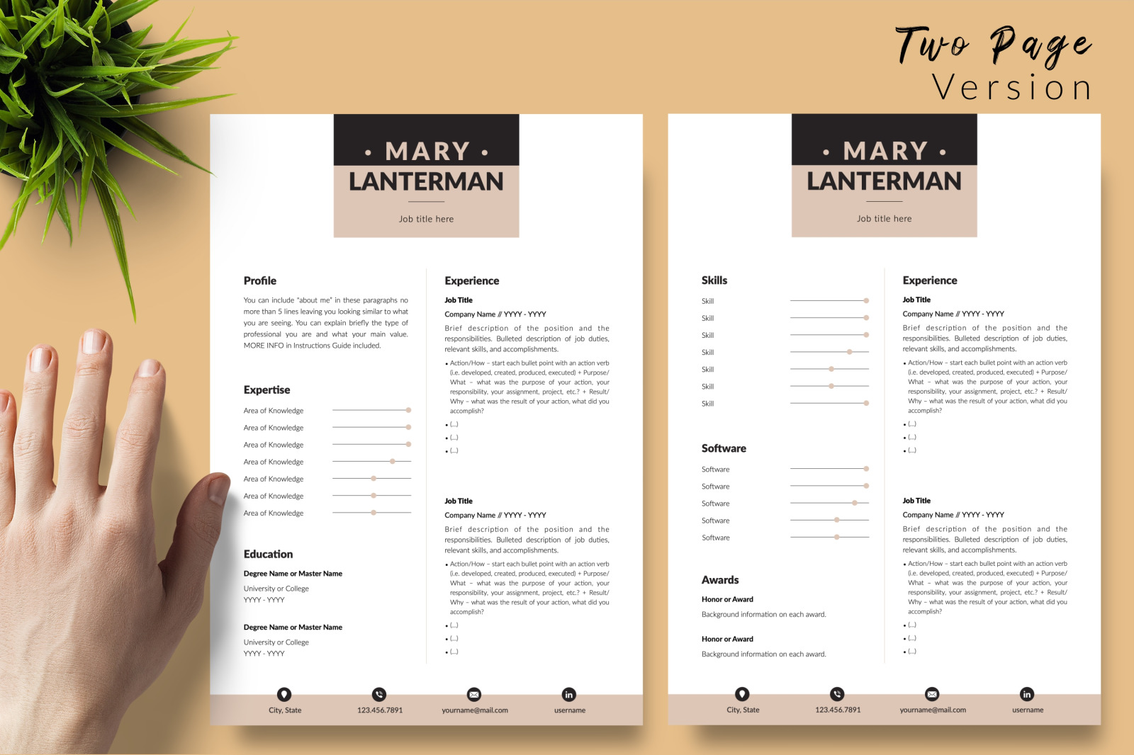 Modern Resume Template for Microsoft Word &amp; Apple Pages // Mary Lanterman CV Design Template