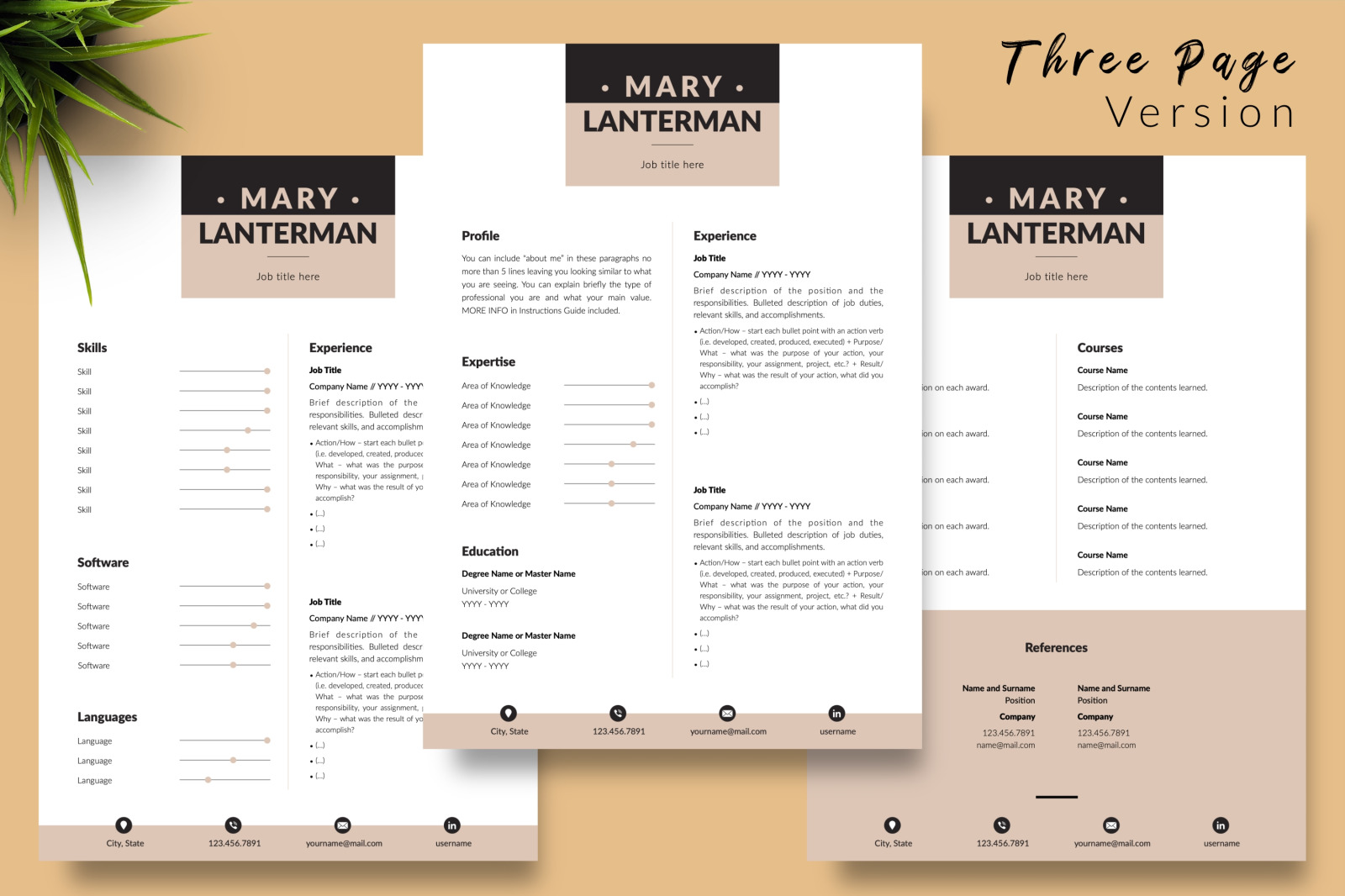 Modern Resume Template for Microsoft Word &amp; Apple Pages // Mary Lanterman CV Design Template