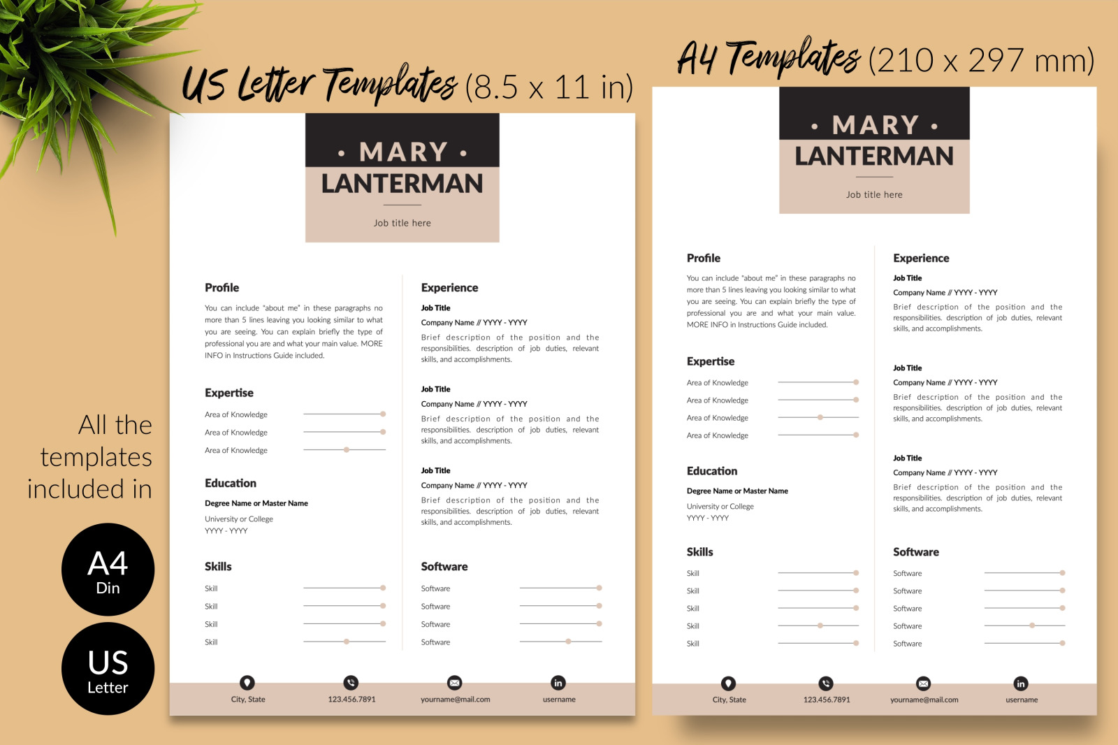 Modern Resume Template for Microsoft Word &amp; Apple Pages // Mary Lanterman CV Design Template