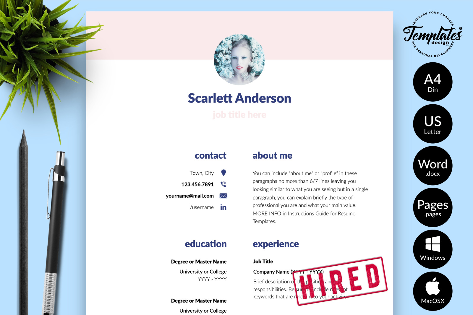 Creative Resume Template for Microsoft Word &amp; Apple Pages // Scarlett Anderson CV Design Template