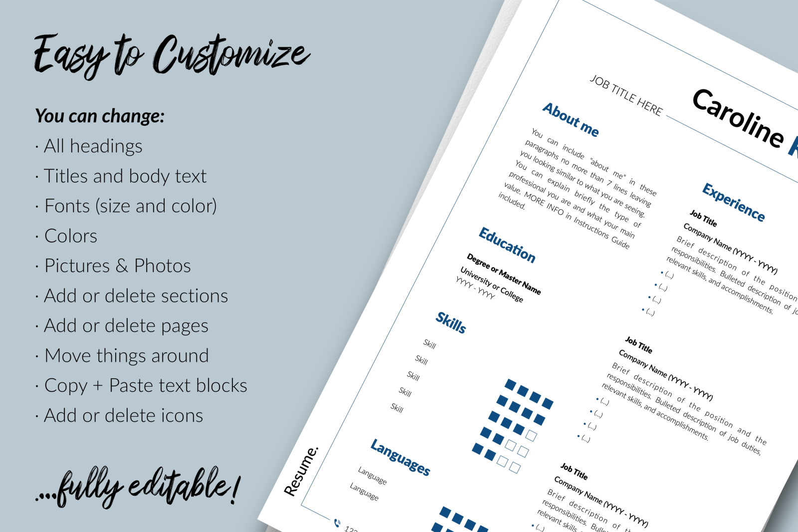 Modern Resume Template for Microsoft Word &amp; Apple Pages // Caroline Rogers CV Design Template