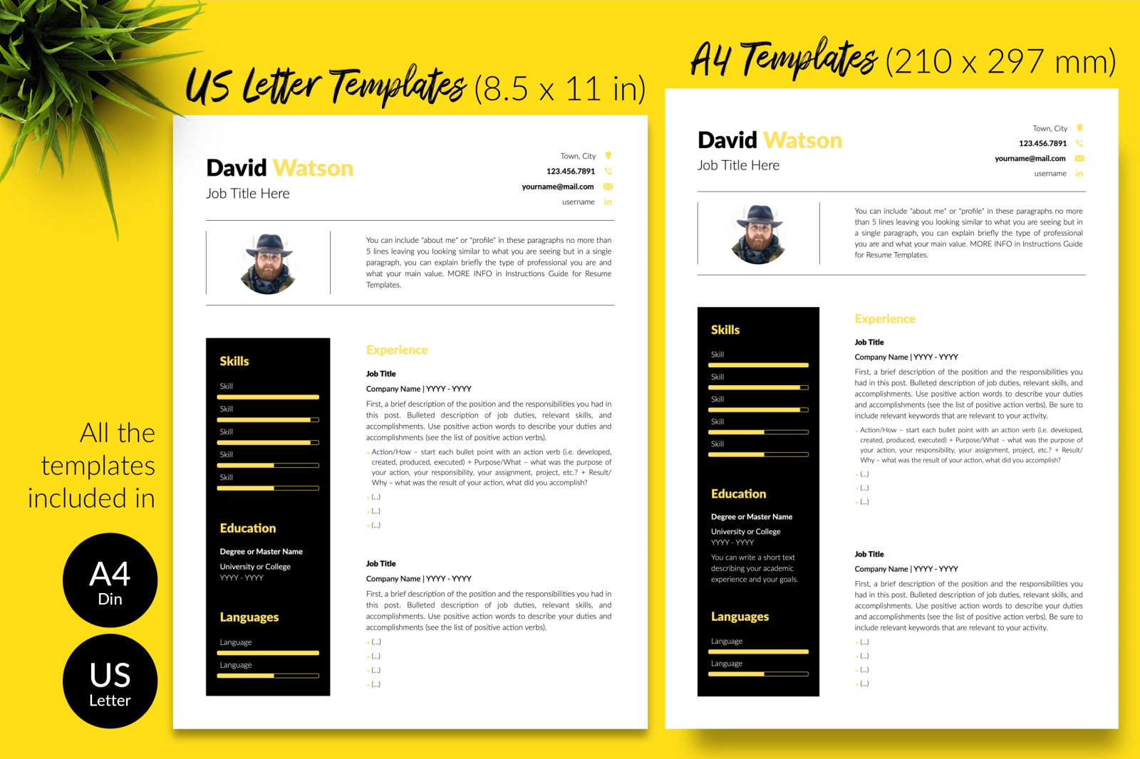 Creative Resume Template for Microsoft Word &amp; Apple Pages // David Watson CV Design Template