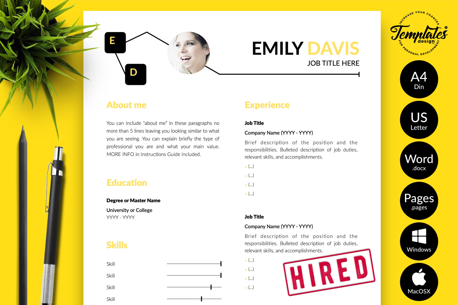 Creative Resume Template for Microsoft Word &amp; Apple Pages // Emily Davis CV Design Template