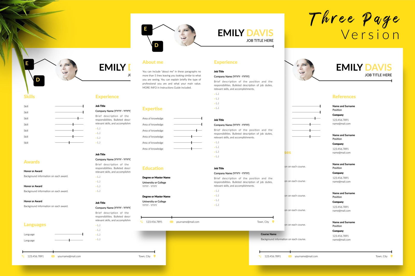 Creative Resume Template for Microsoft Word &amp; Apple Pages // Emily Davis CV Design Template