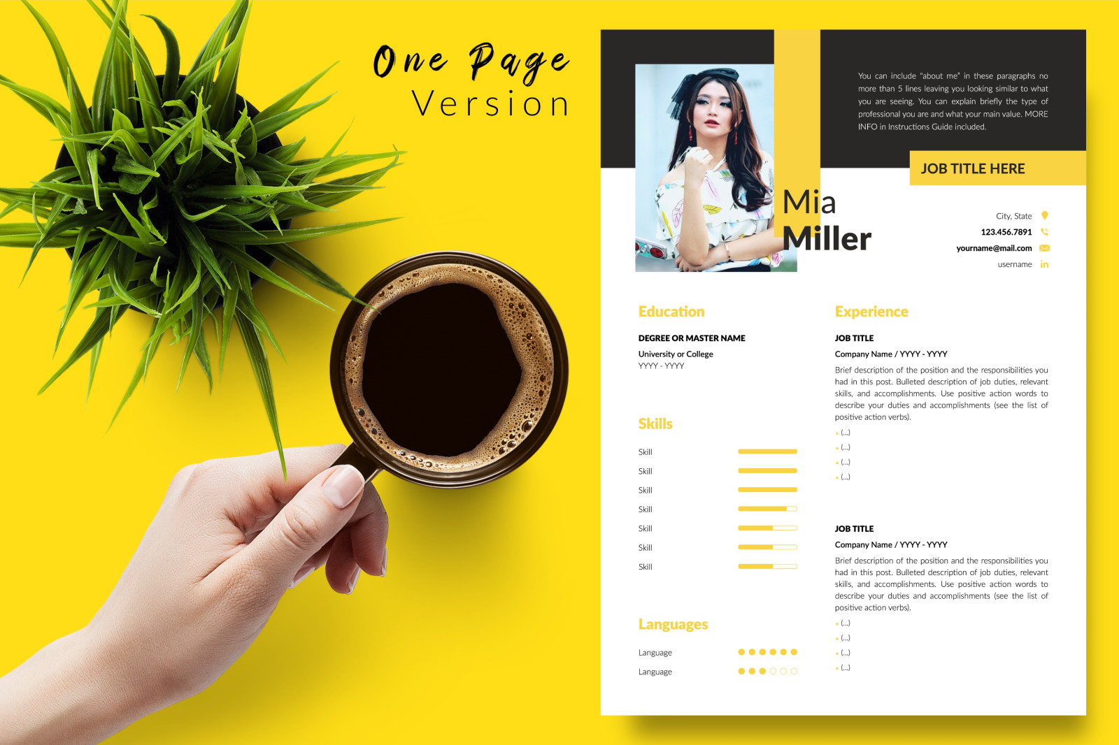 Creative Resume Template for Microsoft Word &amp; Apple Pages // Mia Miller CV Design Template