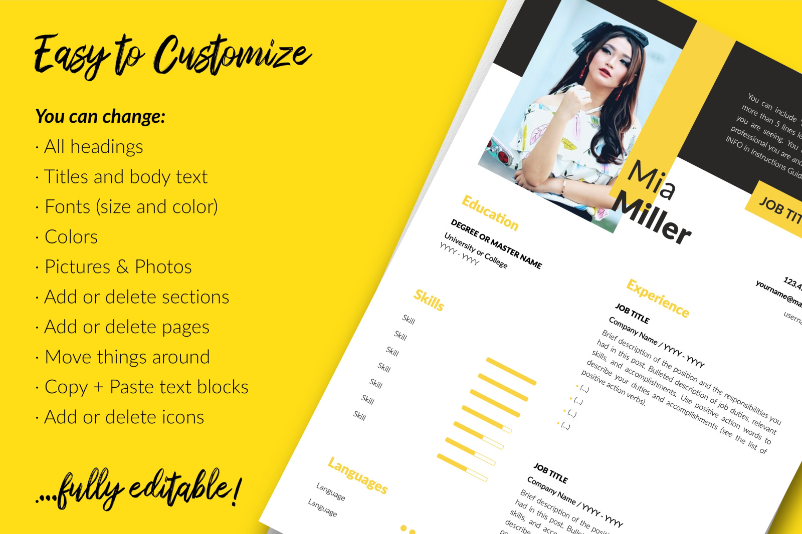 Creative Resume Template for Microsoft Word &amp; Apple Pages // Mia Miller CV Design Template