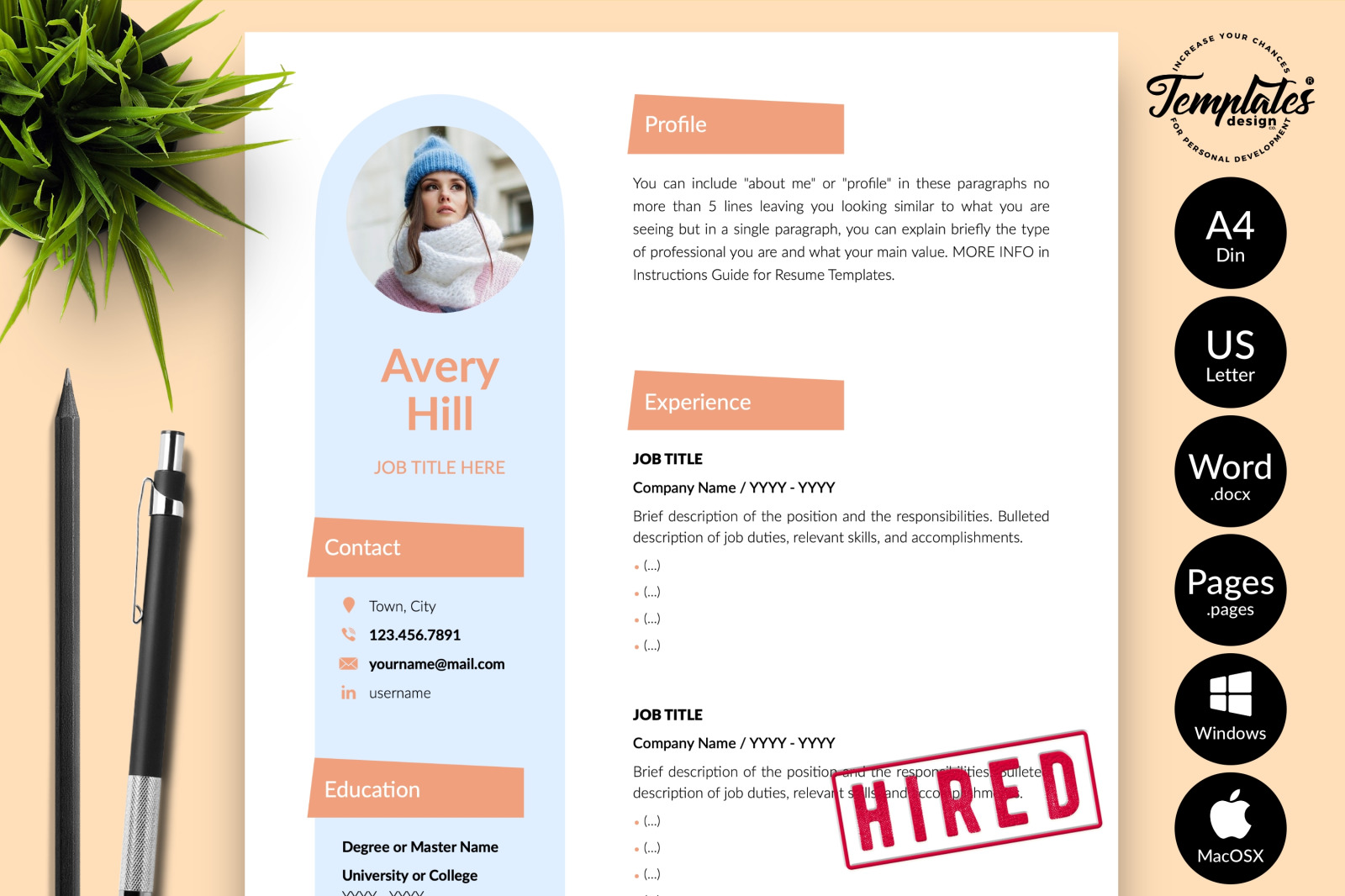 Creative Resume Template for Microsoft Word &amp; Apple Pages // Avery Hill CV Design Template