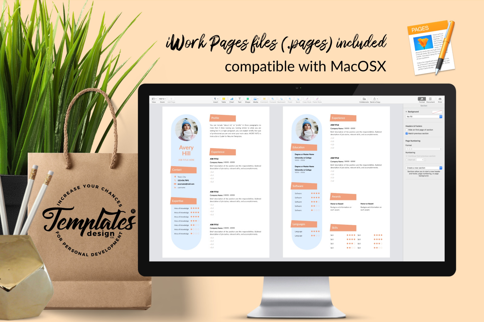 Creative Resume Template for Microsoft Word &amp; Apple Pages // Avery Hill CV Design Template