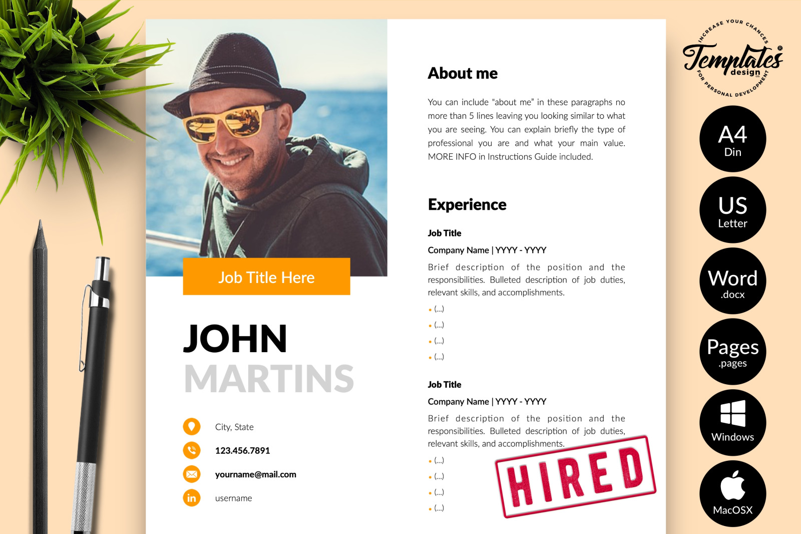 Modern Resume Template for Microsoft Word &amp; Apple Pages // John Martins CV Design Template