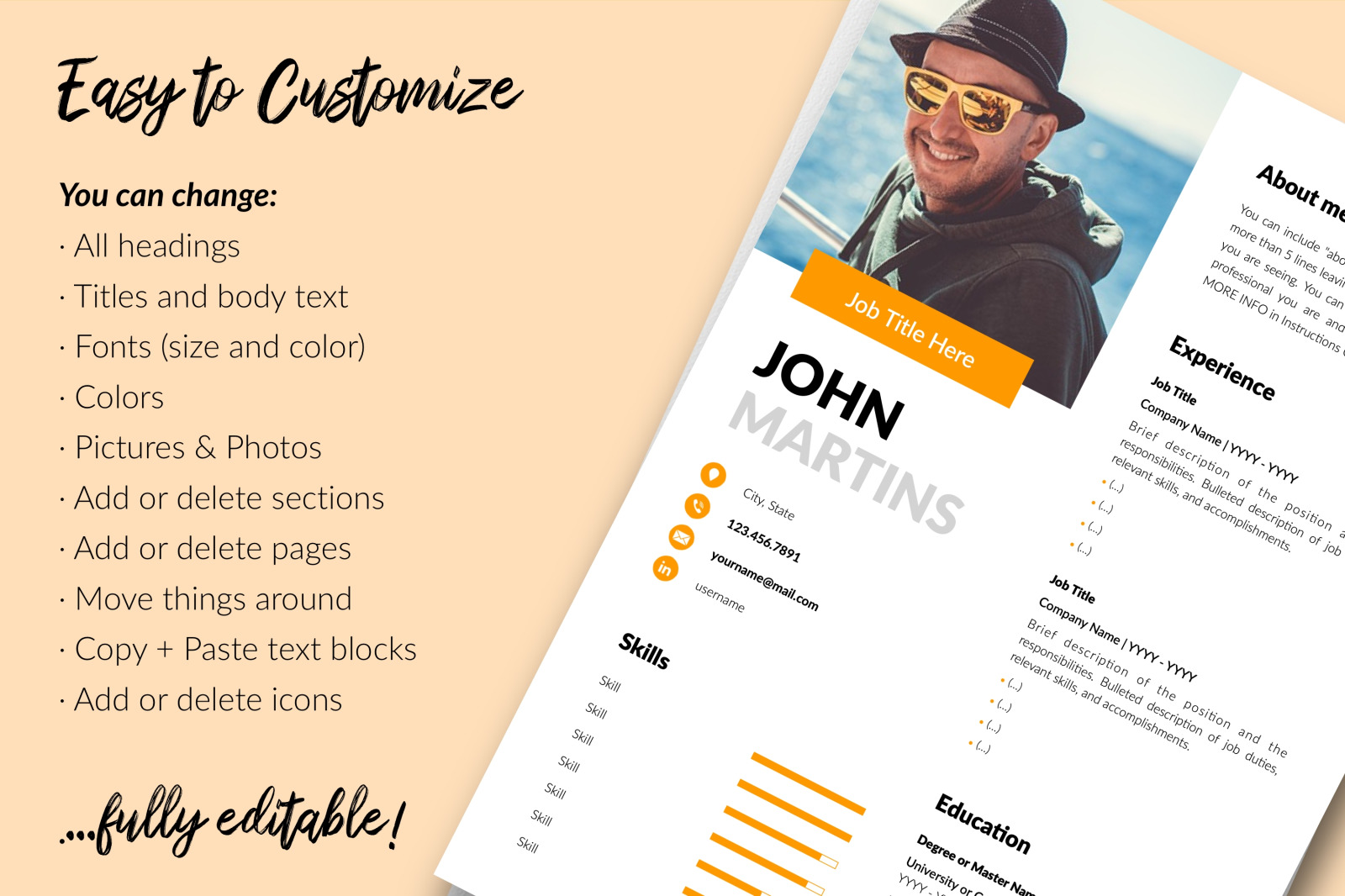 Modern Resume Template for Microsoft Word &amp; Apple Pages // John Martins CV Design Template