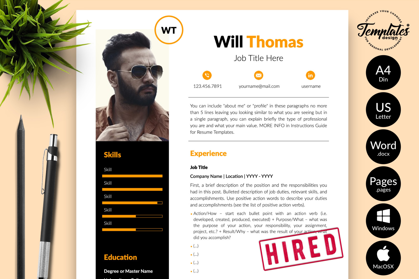 Creative Resume Template for Microsoft Word &amp; Apple Pages // Will Thomas CV Design Template