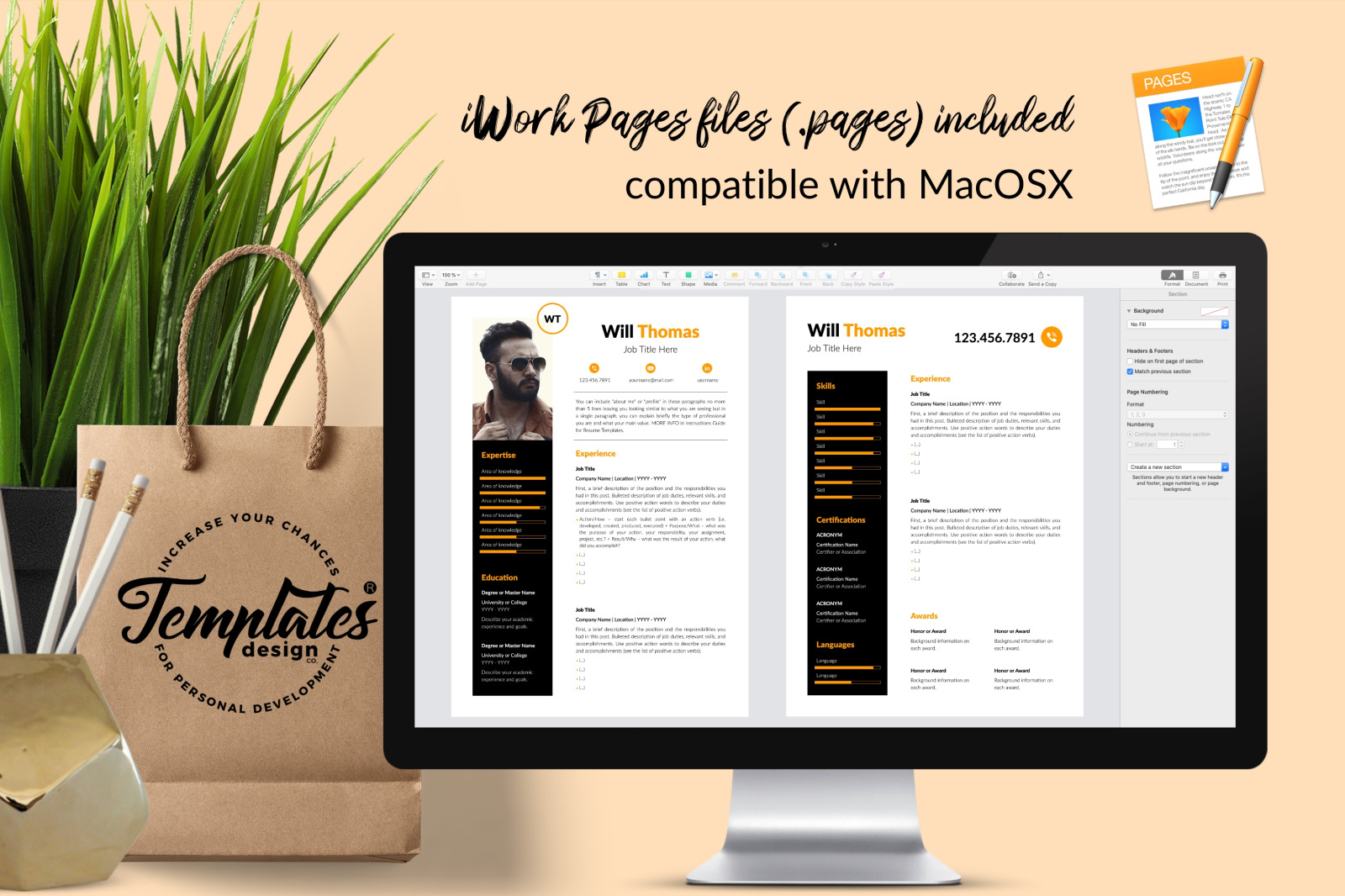 Creative Resume Template for Microsoft Word &amp; Apple Pages // Will Thomas CV Design Template