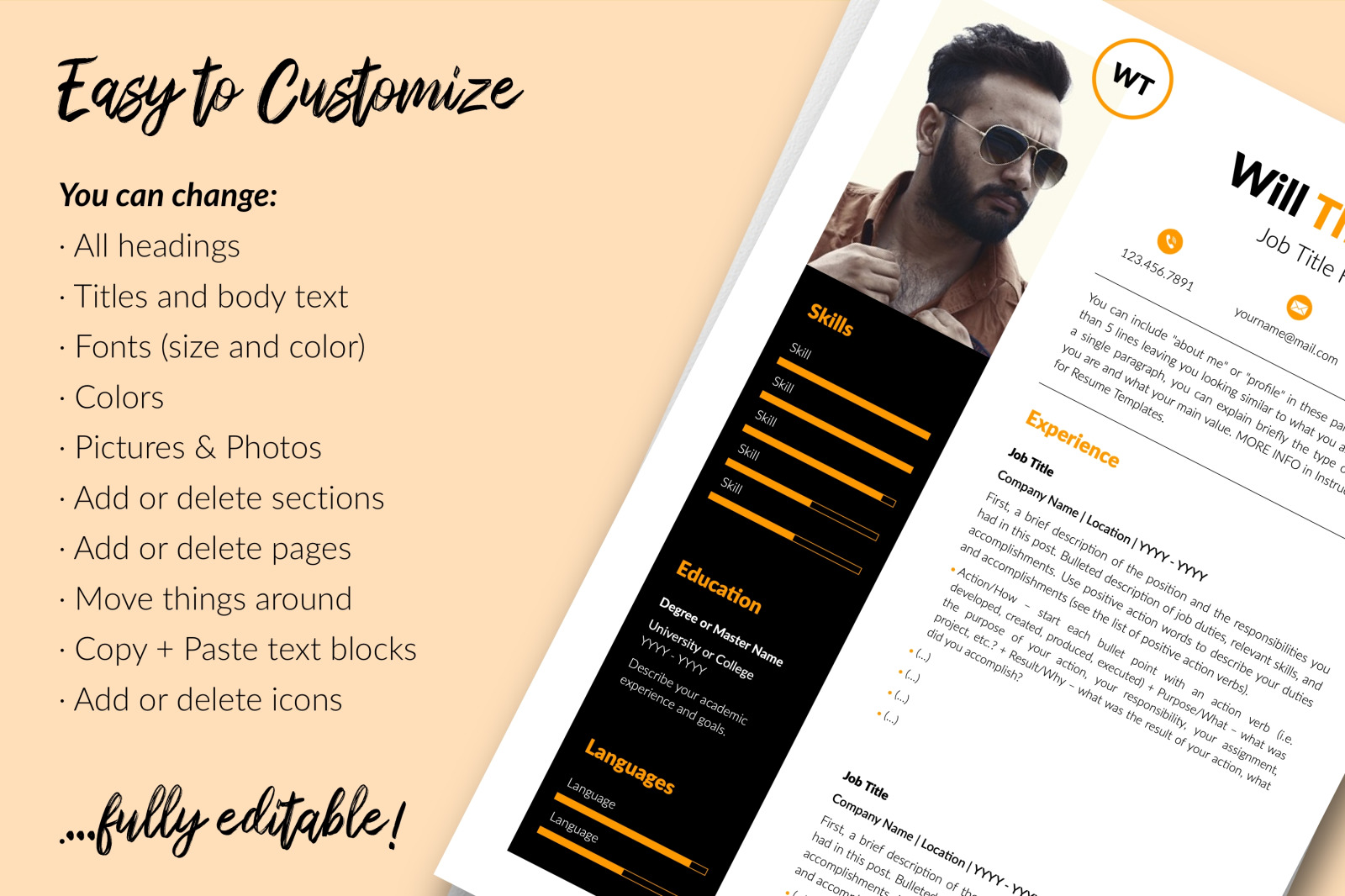 Creative Resume Template for Microsoft Word &amp; Apple Pages // Will Thomas CV Design Template