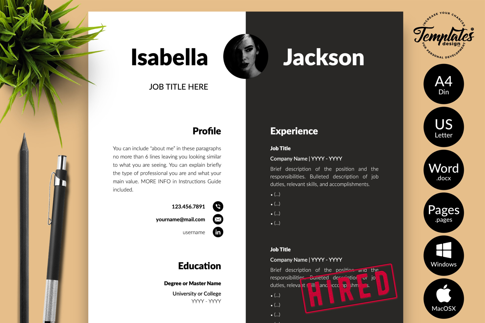 Modern Resume Template for Microsoft Word &amp; Apple Pages // Isabella Jackson CV Design Template