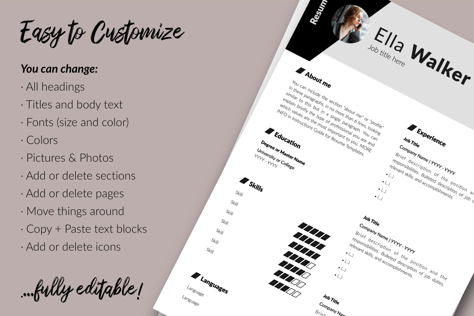 Creative Resume Template for Microsoft Word &amp; Apple Pages // Ella Walker CV Design Template