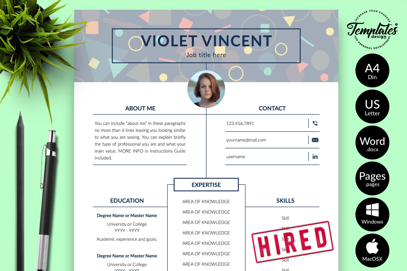 Creative Resume Template for Microsoft Word &amp; Apple Pages // Violet Vincent CV Design Template