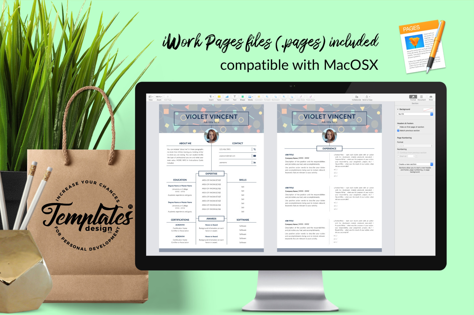 Creative Resume Template for Microsoft Word &amp; Apple Pages // Violet Vincent CV Design Template