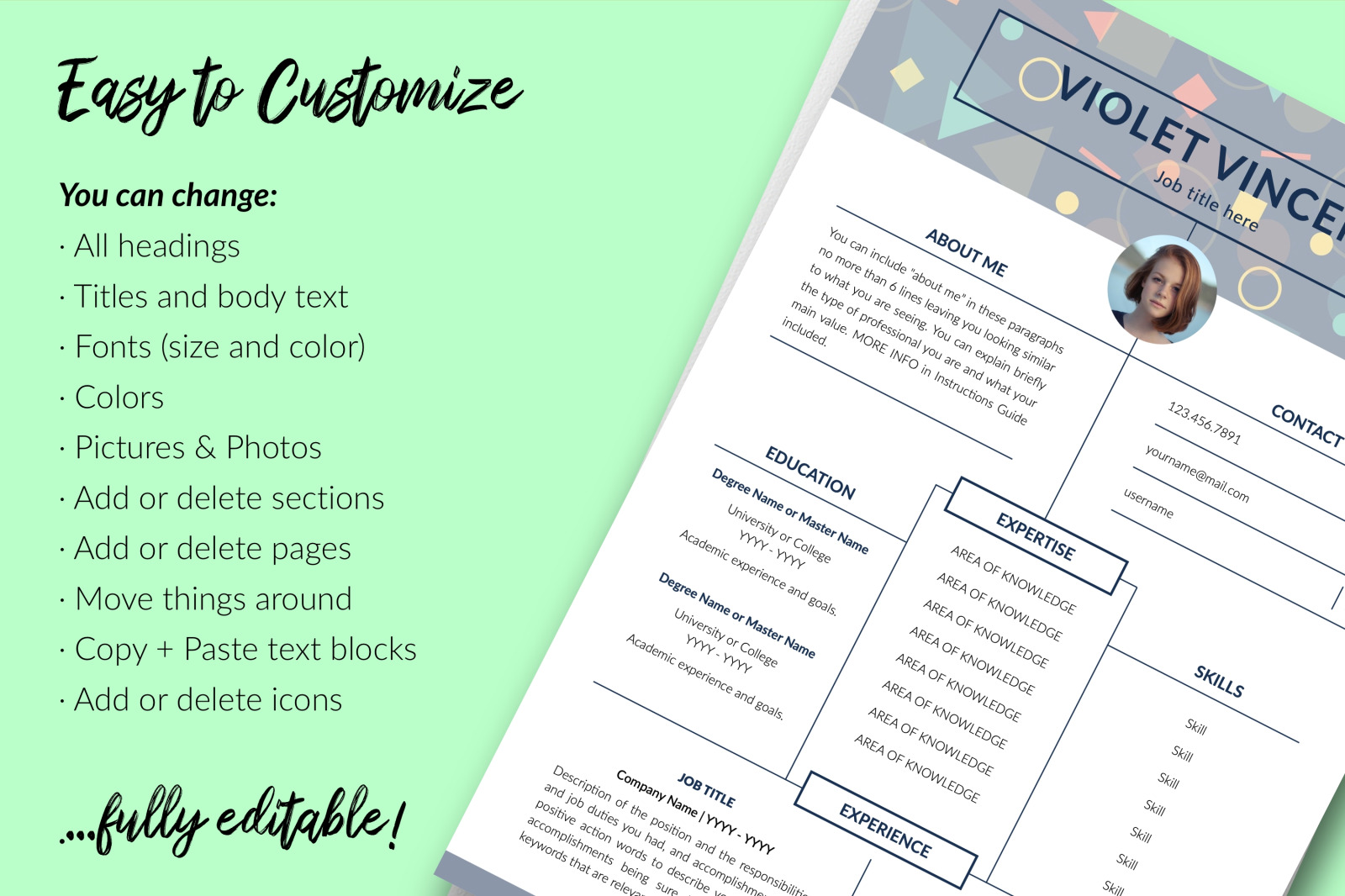 Creative Resume Template for Microsoft Word &amp; Apple Pages // Violet Vincent CV Design Template