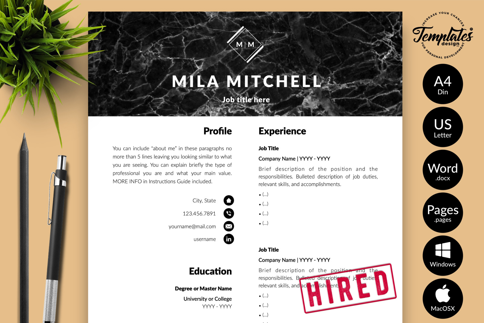 Modern Resume Template for Microsoft Word &amp; Apple Pages // Mila Mitchell CV Design Template