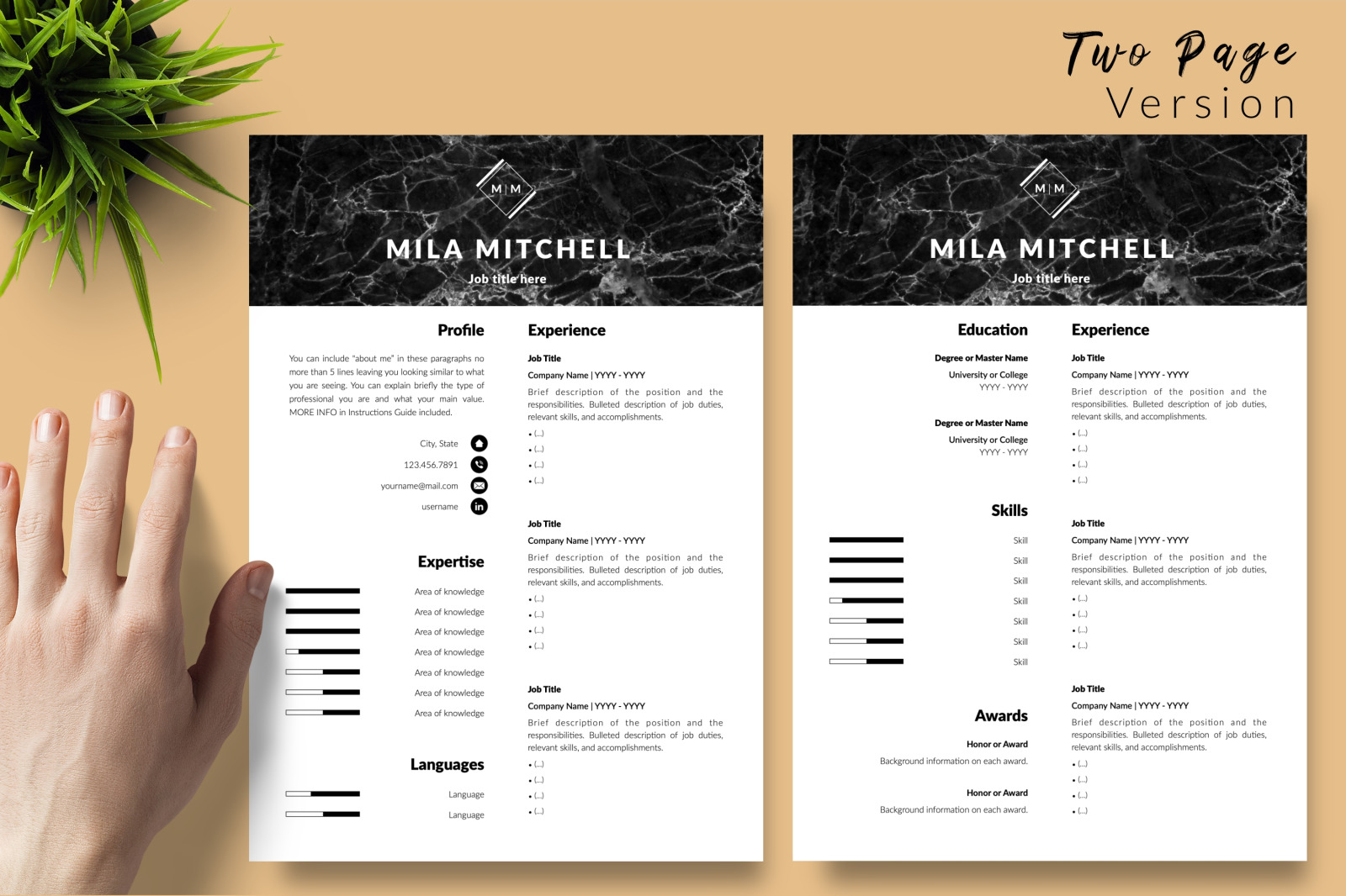 Modern Resume Template for Microsoft Word &amp; Apple Pages // Mila Mitchell CV Design Template