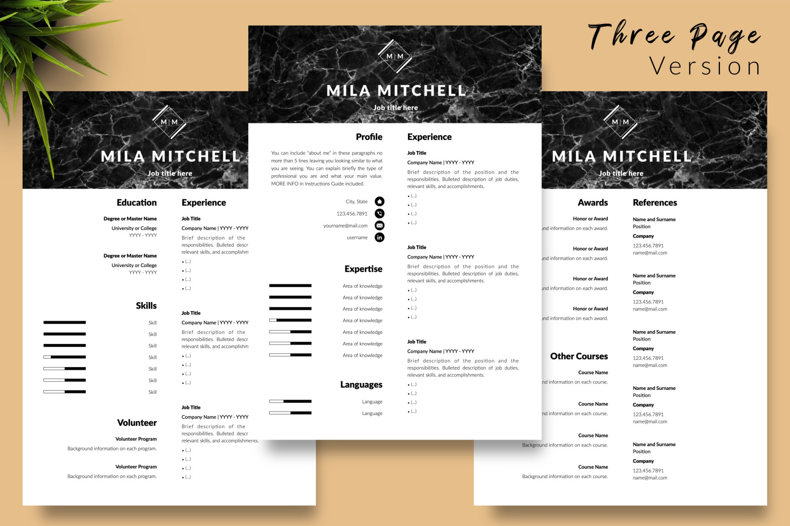 Modern Resume Template for Microsoft Word &amp; Apple Pages // Mila Mitchell CV Design Template