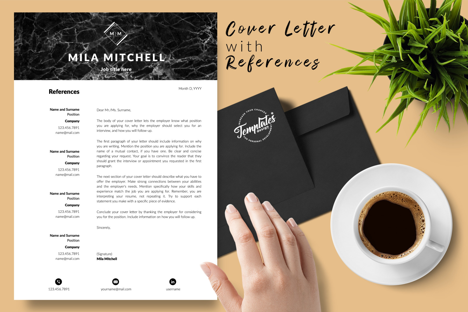 Modern Resume Template for Microsoft Word &amp; Apple Pages // Mila Mitchell CV Design Template