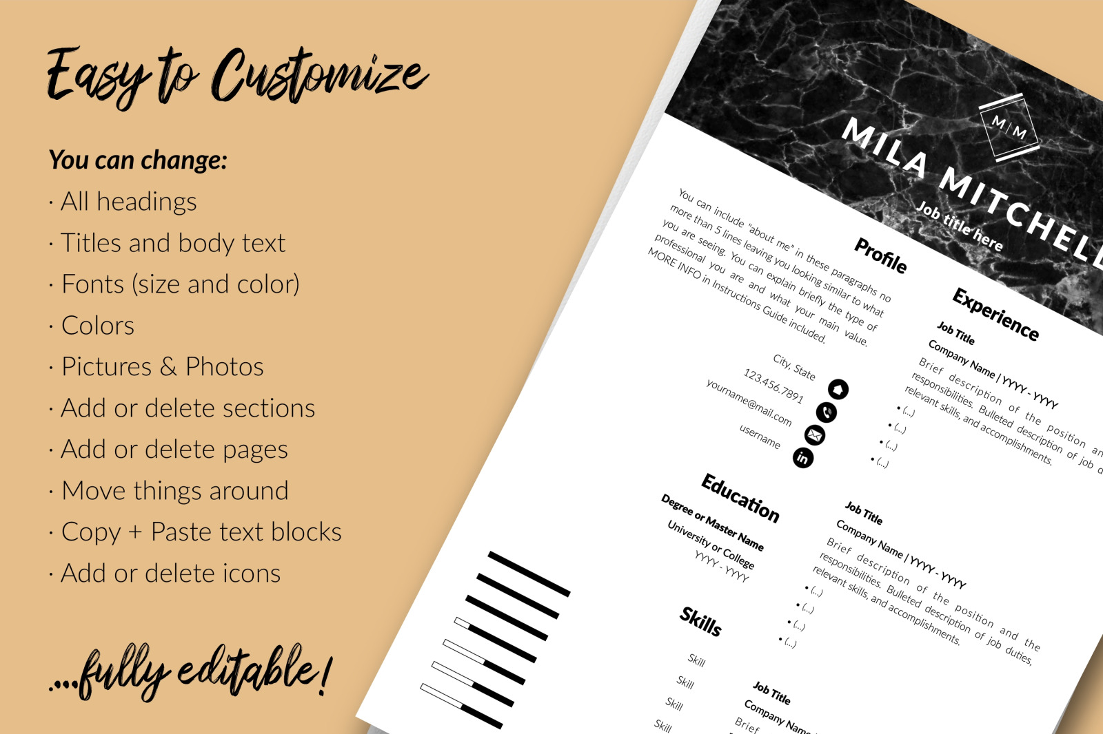 Modern Resume Template for Microsoft Word &amp; Apple Pages // Mila Mitchell CV Design Template