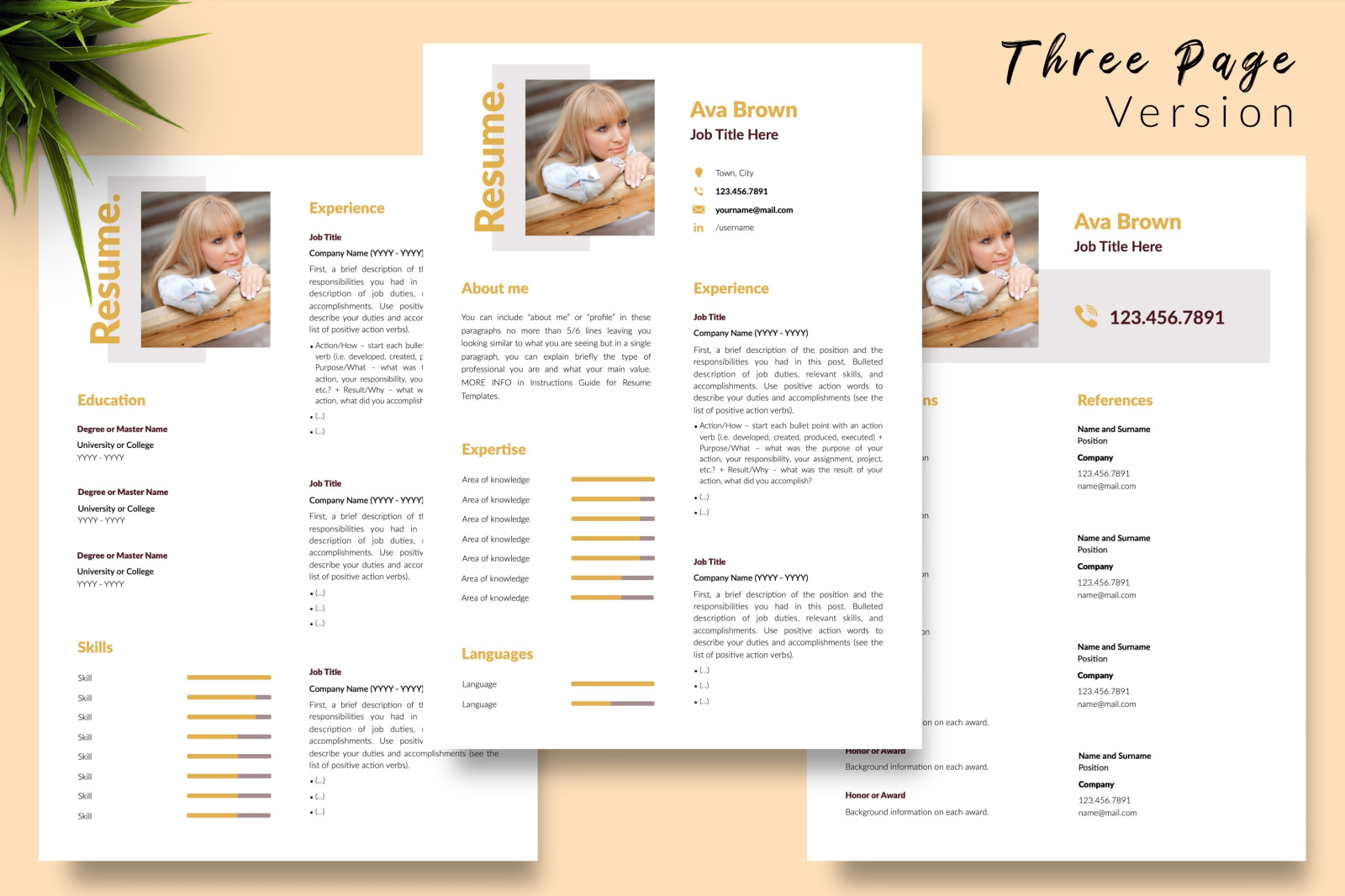 Modern Resume Template for Microsoft Word &amp; Apple Pages // Ava Brown CV Design Template