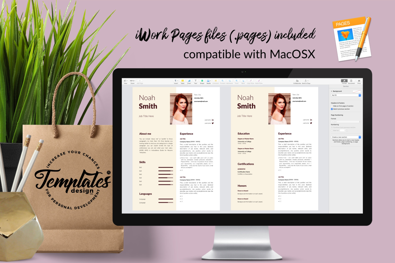 Creative Resume Template for Microsoft Word &amp; Apple Pages // Noah Smith CV Design Template