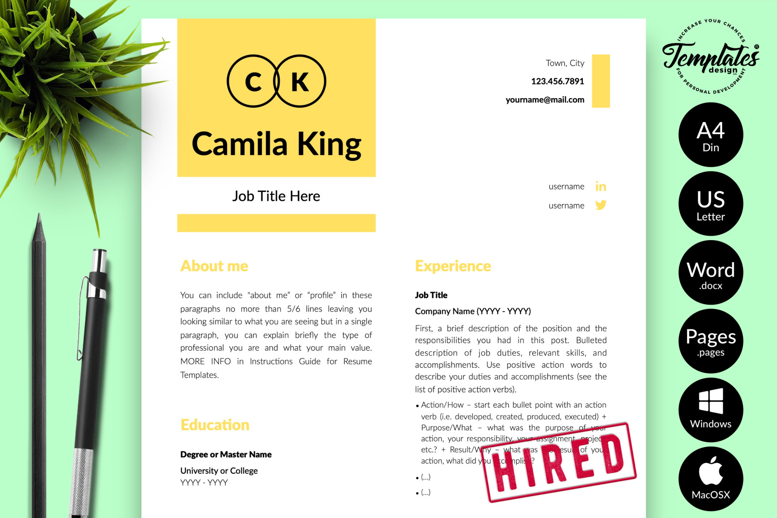 Modern Resume Template for Microsoft Word &amp; Apple Pages // Camila King CV Design Template