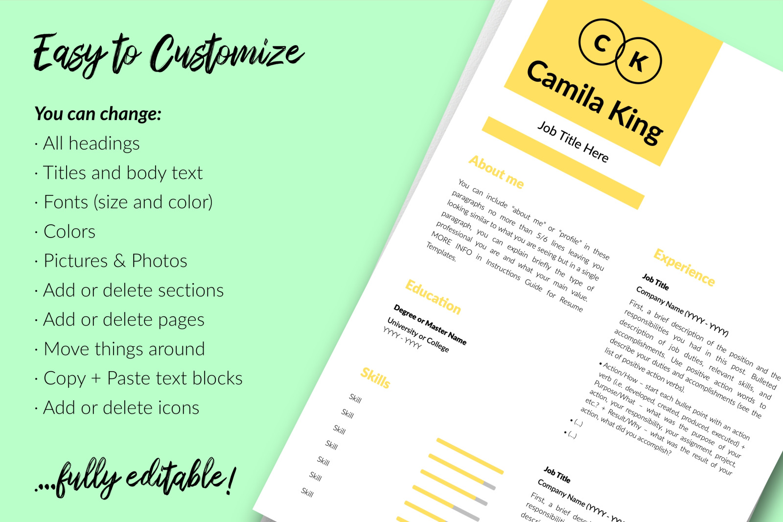 Modern Resume Template for Microsoft Word &amp; Apple Pages // Camila King CV Design Template