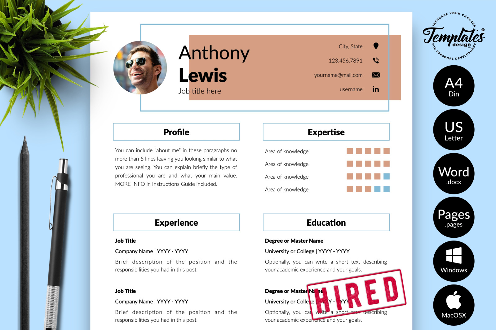 Creative Resume Template for Microsoft Word &amp; Apple Pages // Anthony Lewis CV Design Template