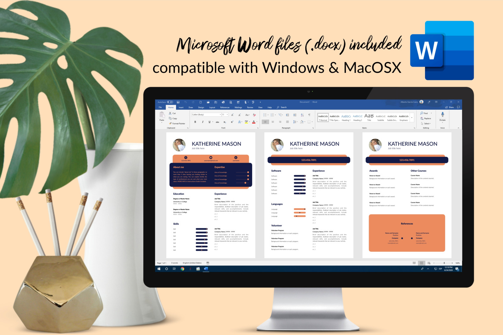Creative Resume Template for Microsoft Word & Apple Pages // Katherine Mason CV Design Template Creative Resume Template for Microsoft Word & Apple Pages // Katherine Mason CV Design Template