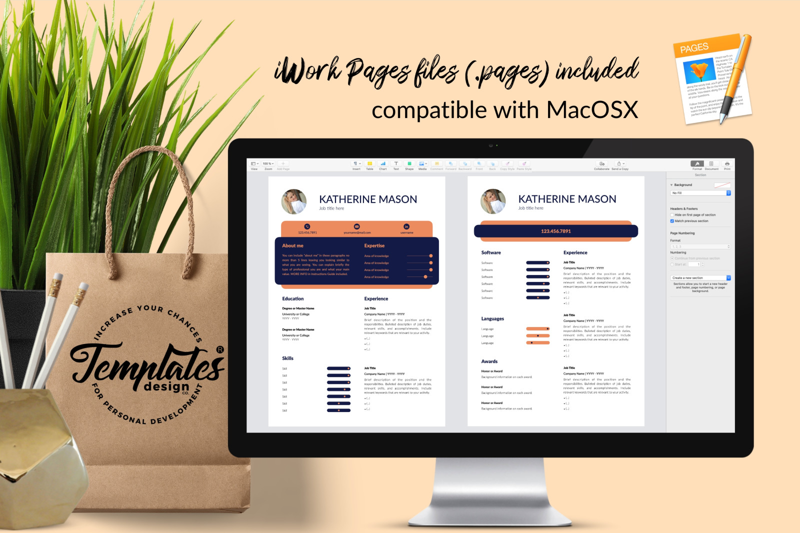 Creative Resume Template for Microsoft Word &amp; Apple Pages // Katherine Mason CV Design Template