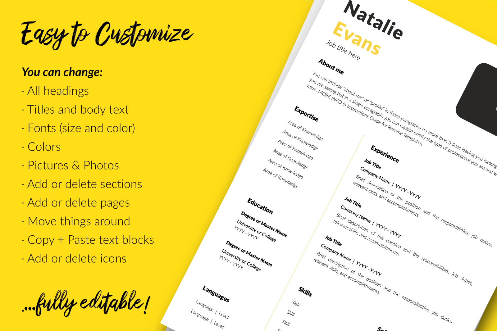 Simple Resume Template for Microsoft Word &amp; Apple Pages // Natalie Evans CV Design Template