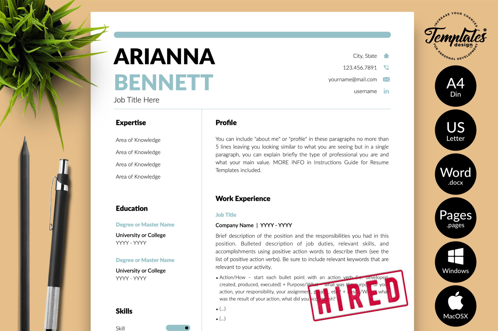 Simple Resume Template for Microsoft Word &amp; Apple Pages // Arianna Bennett CV Design Template