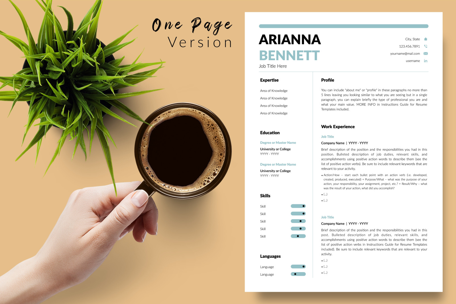 Simple Resume Template for Microsoft Word &amp; Apple Pages // Arianna Bennett CV Design Template