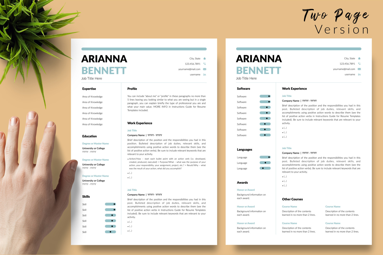 Simple Resume Template for Microsoft Word &amp; Apple Pages // Arianna Bennett CV Design Template