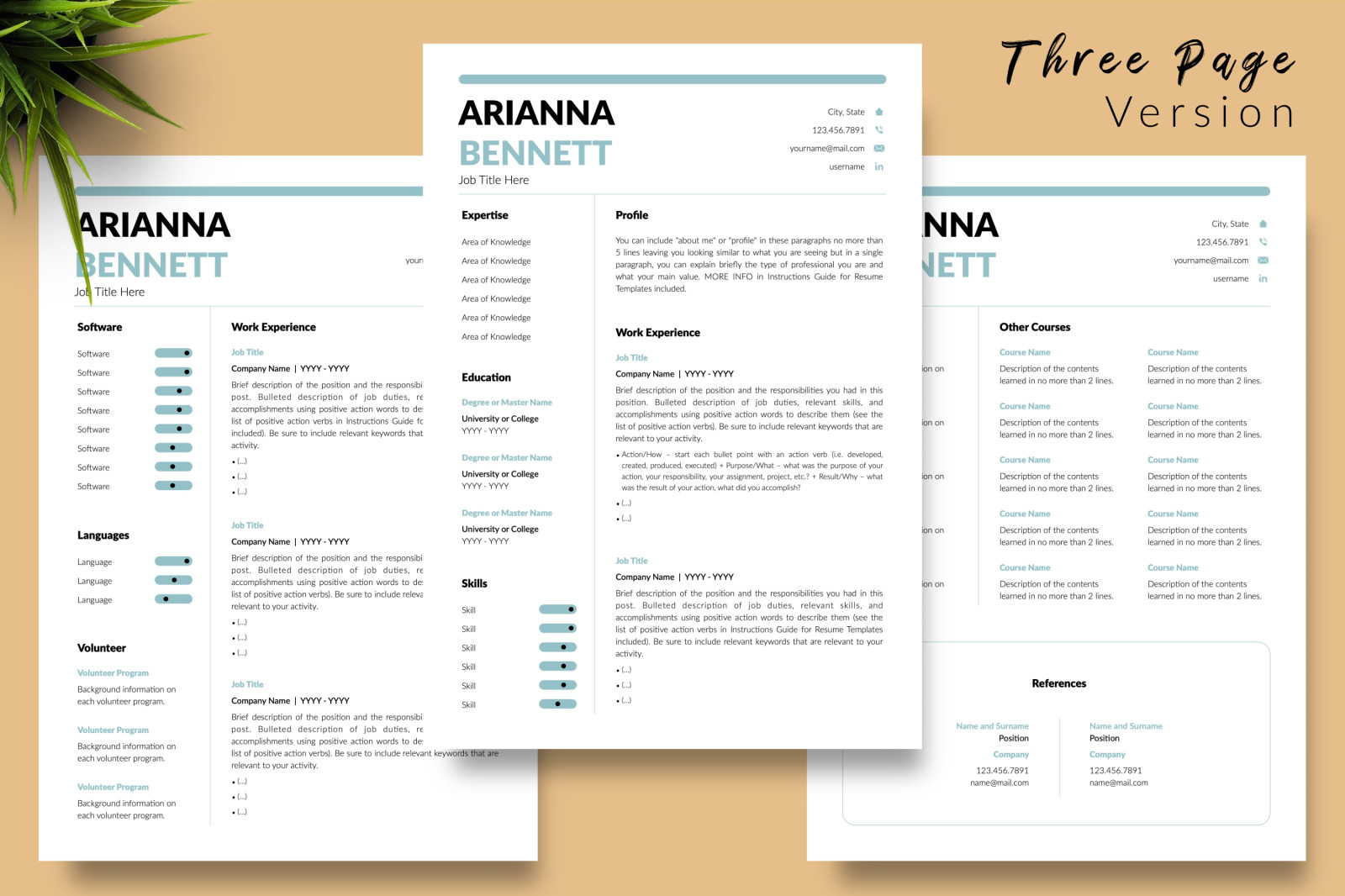 Simple Resume Template for Microsoft Word &amp; Apple Pages // Arianna Bennett CV Design Template