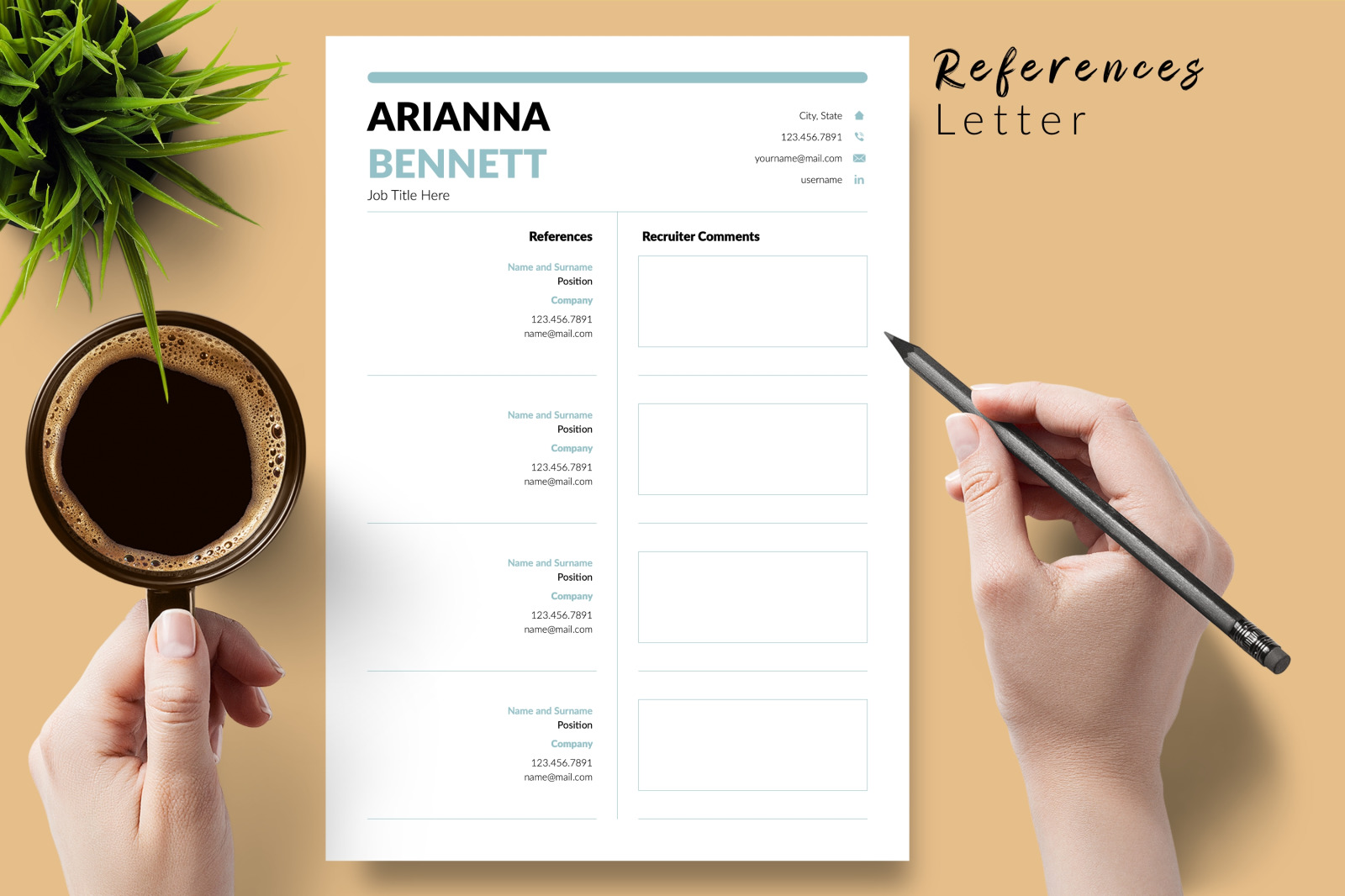 Simple Resume Template for Microsoft Word &amp; Apple Pages // Arianna Bennett CV Design Template