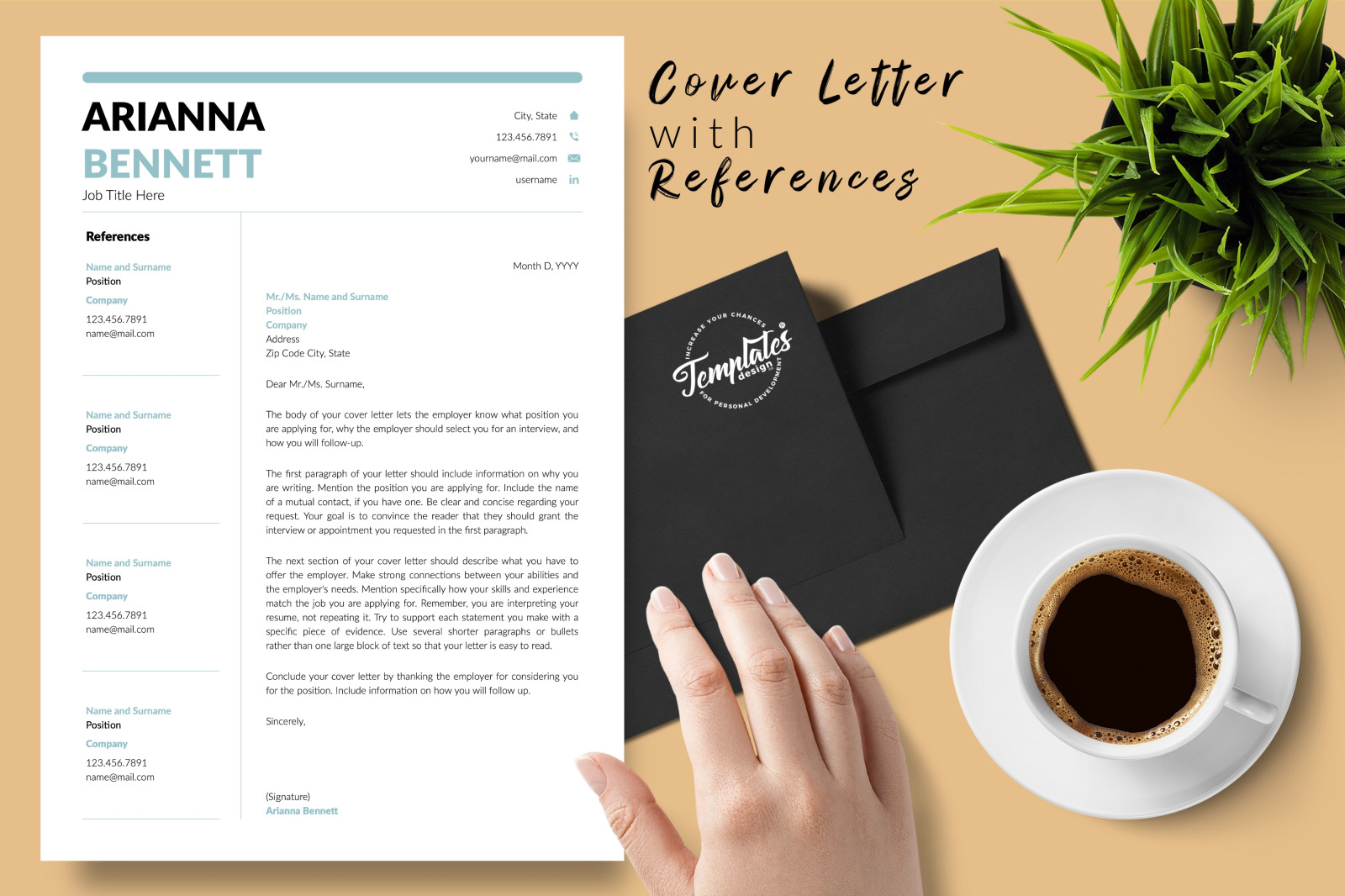 Simple Resume Template for Microsoft Word &amp; Apple Pages // Arianna Bennett CV Design Template