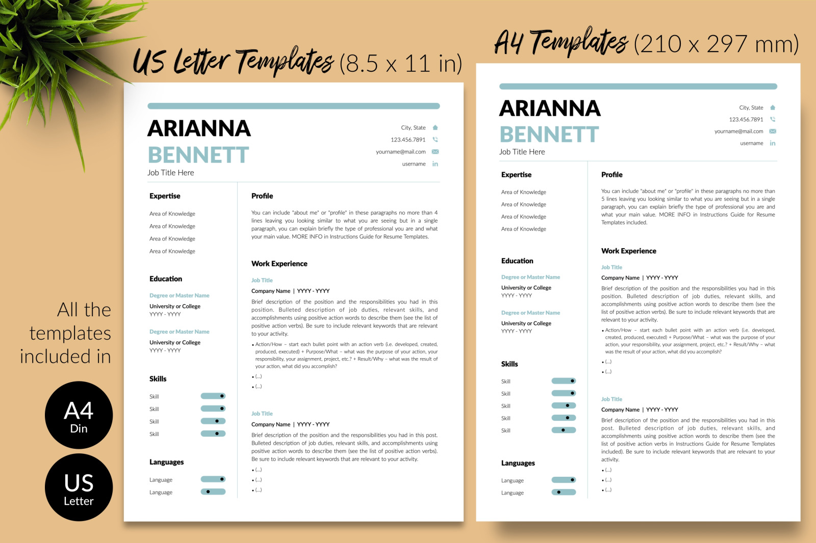 Simple Resume Template for Microsoft Word &amp; Apple Pages // Arianna Bennett CV Design Template