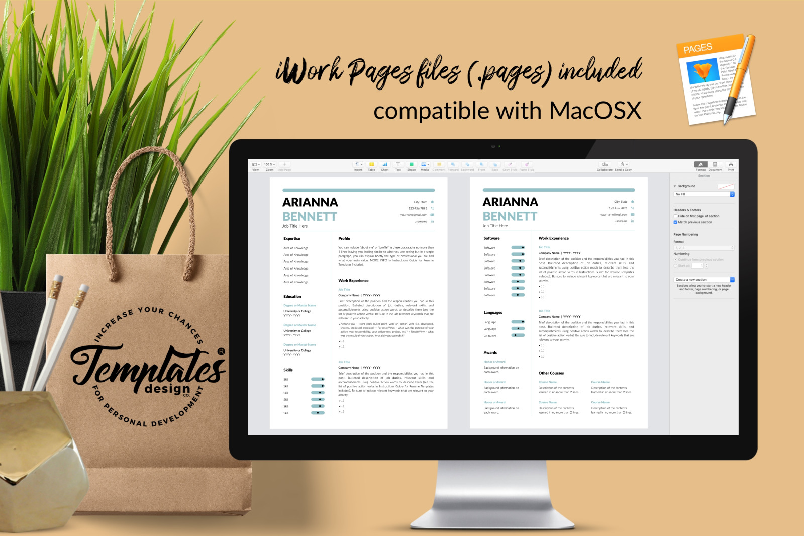 Simple Resume Template for Microsoft Word &amp; Apple Pages // Arianna Bennett CV Design Template